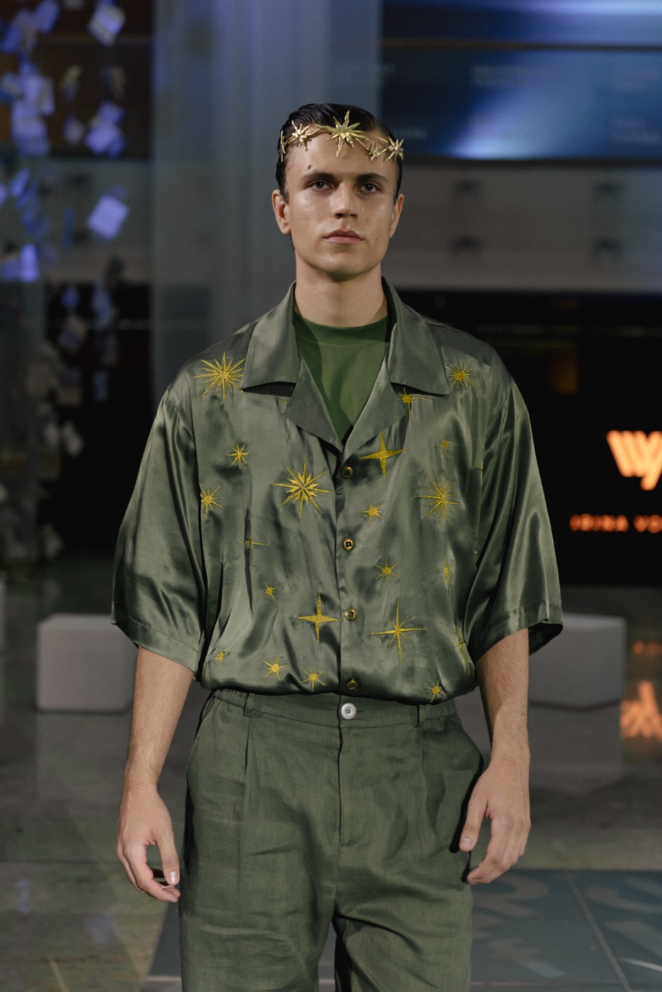 Akasha portrait, olive star-embroidered shirt