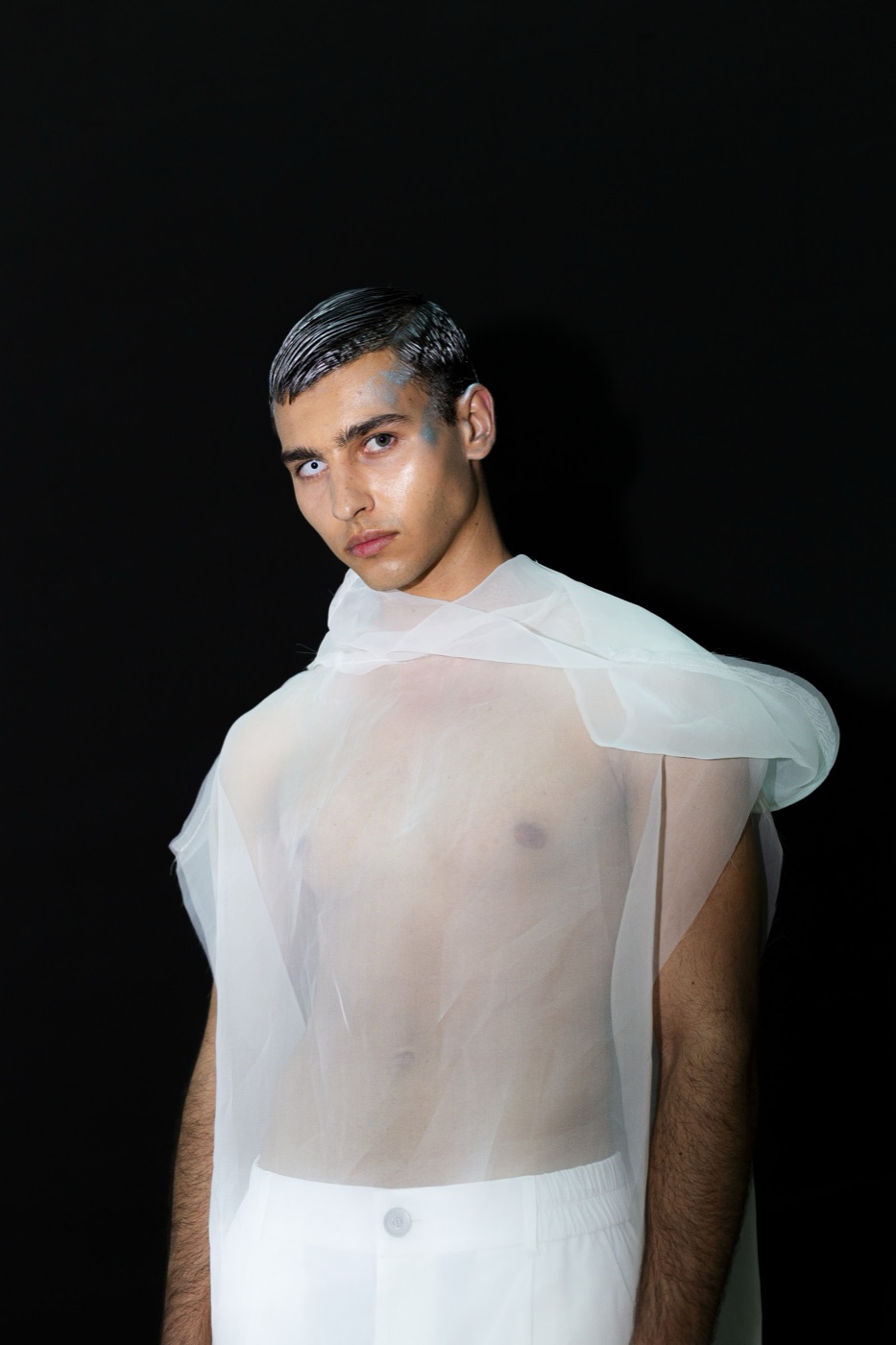 Akasha detail, sheer mesh top with crystal makeup