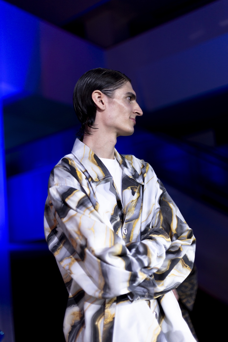 Akasha runway, grey marble-print jacket