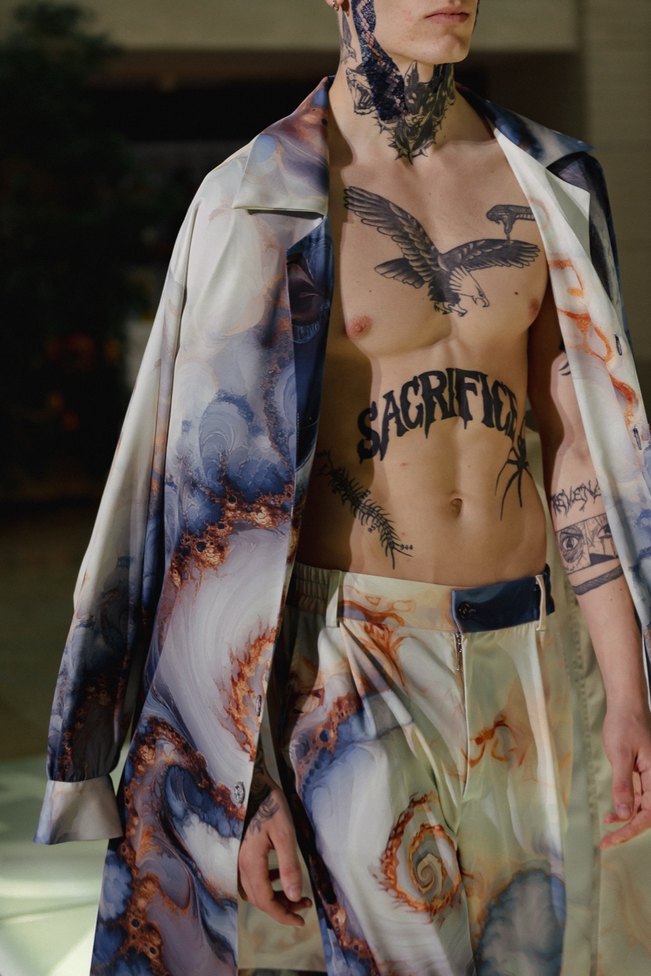 Akasha portrait, marble-print robe open