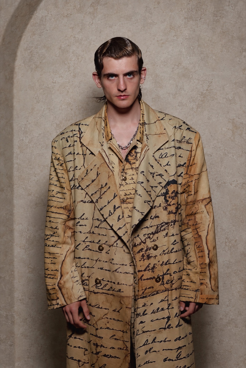 Akasha portrait, manuscript-print long coat