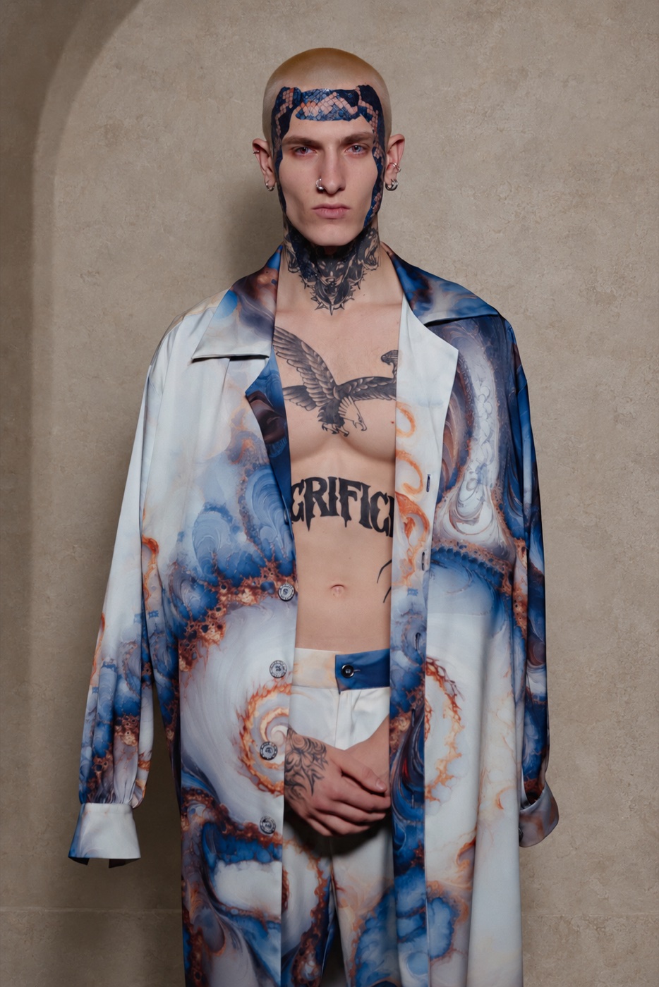 Akasha portrait, marble-print open shirt