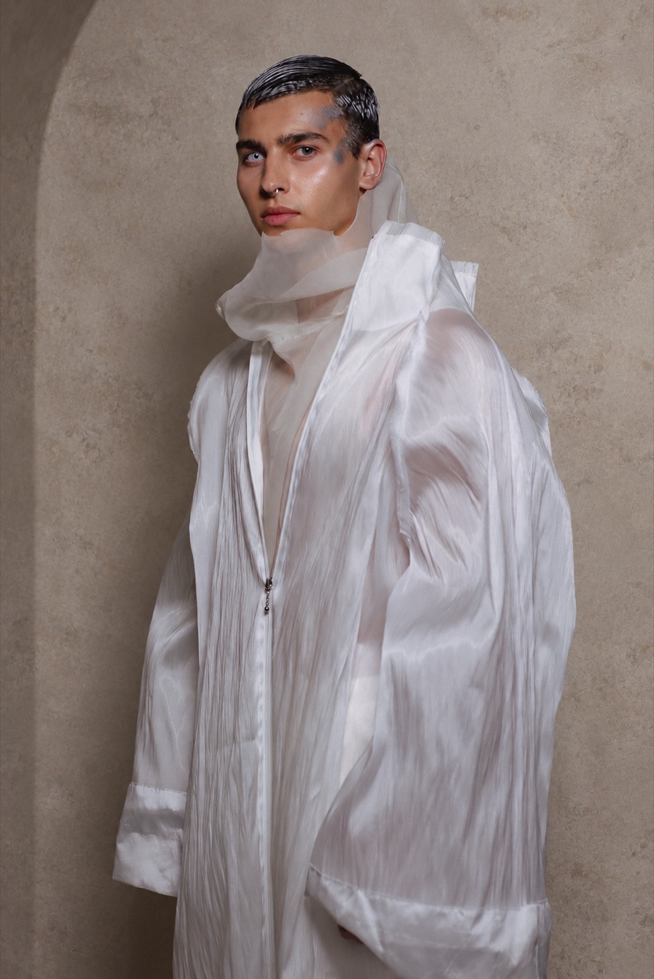 Akasha portrait, sheer white draped coat
