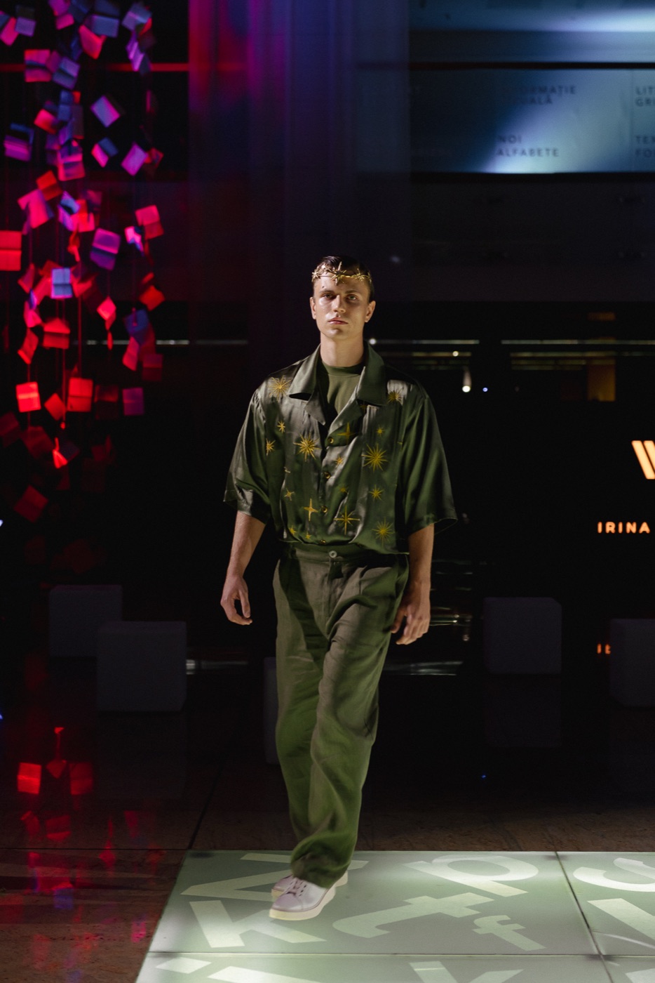 Akasha runway, olive star-embroidered shirt