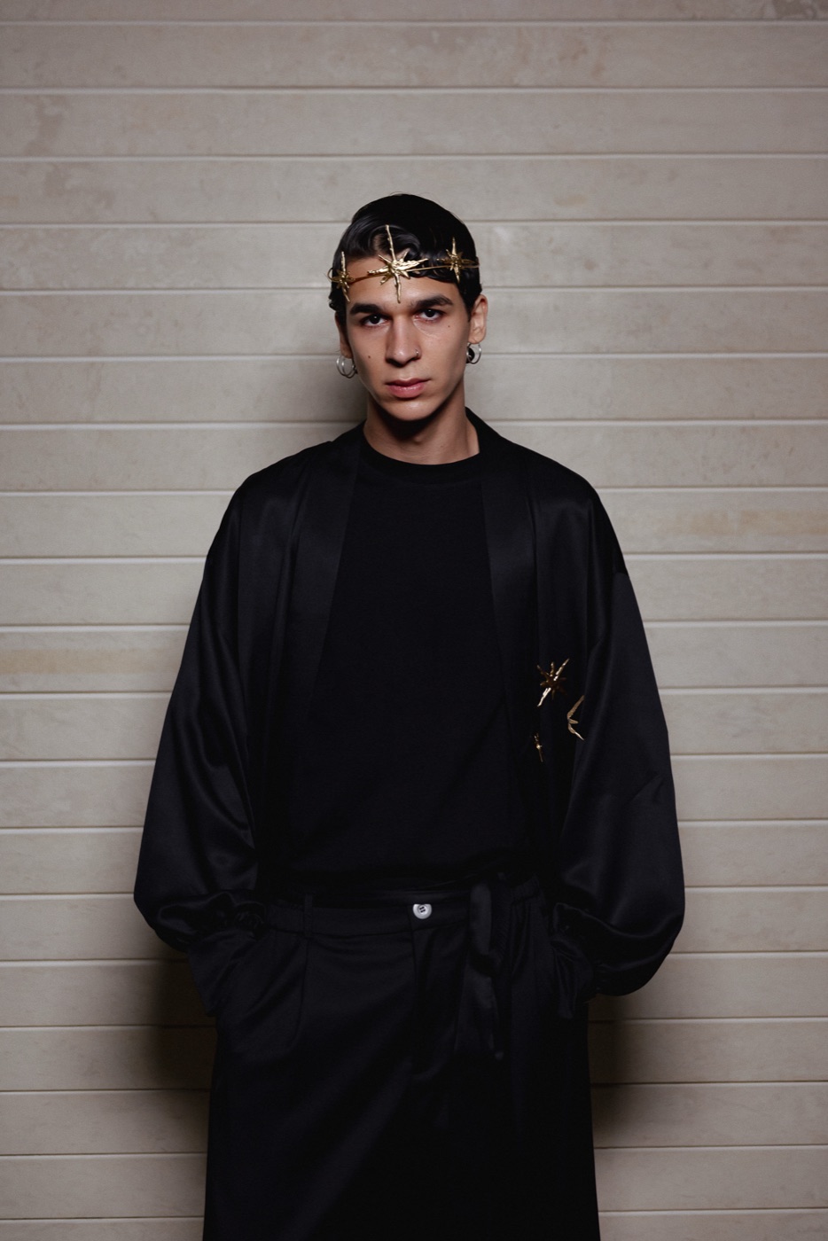 Akasha portrait, black satin robe with gold star crown