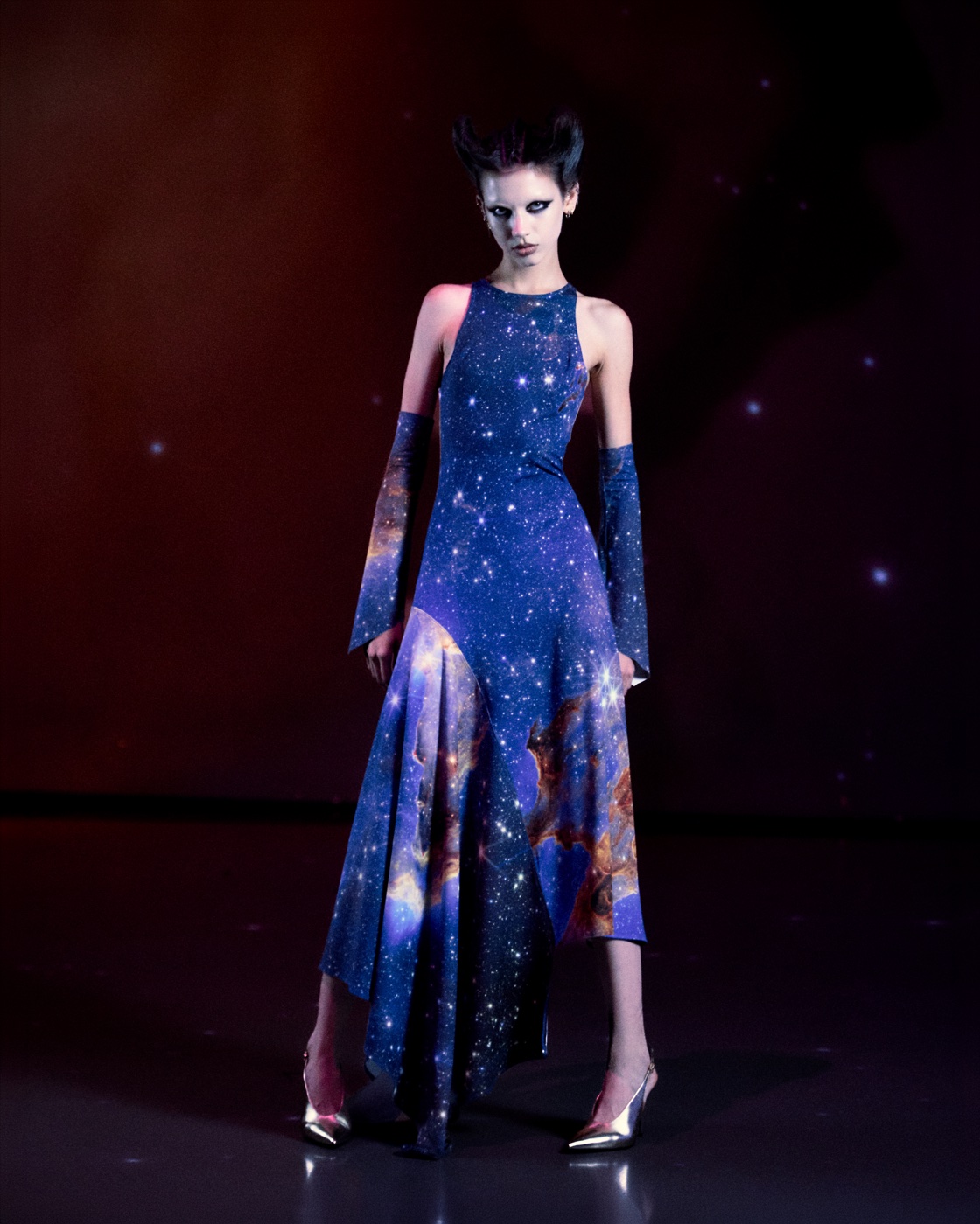 Origin campaign, navy star-print halter gown