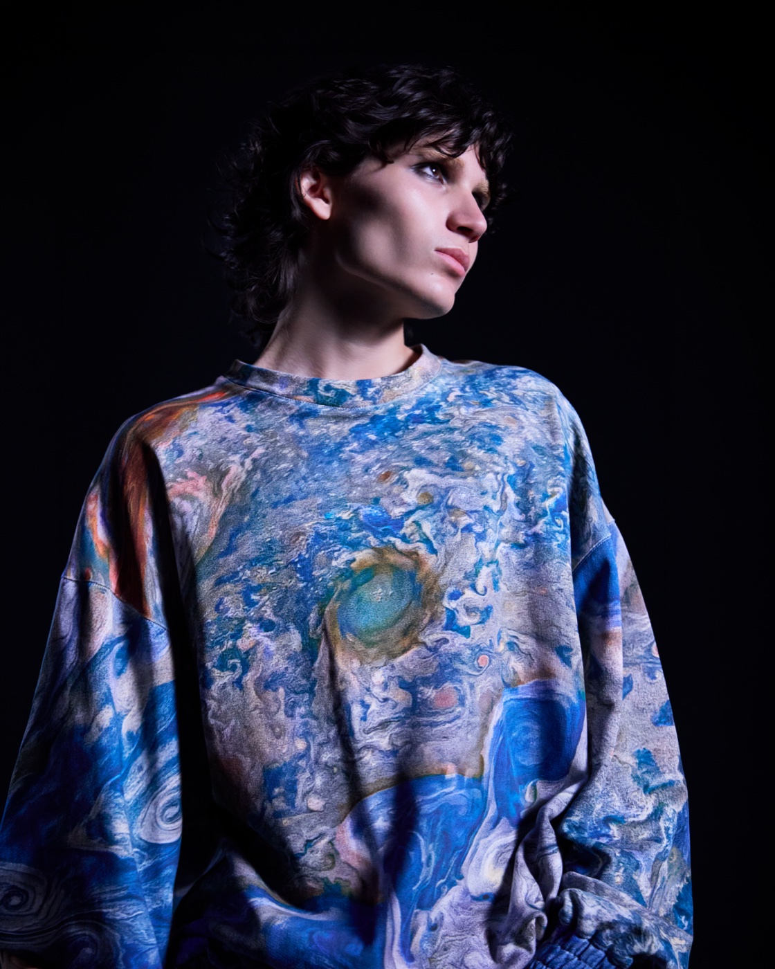 Origin campaign, blue and gold swirl-print sweatshirt