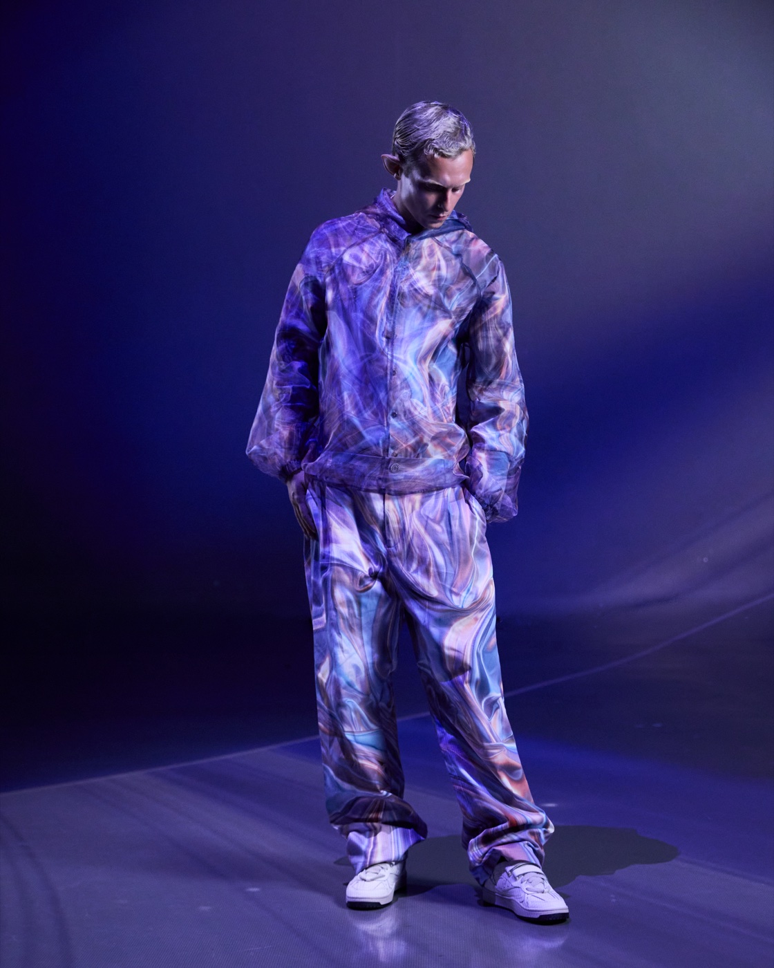 Origin campaign, lavender tie-dye tracksuit
