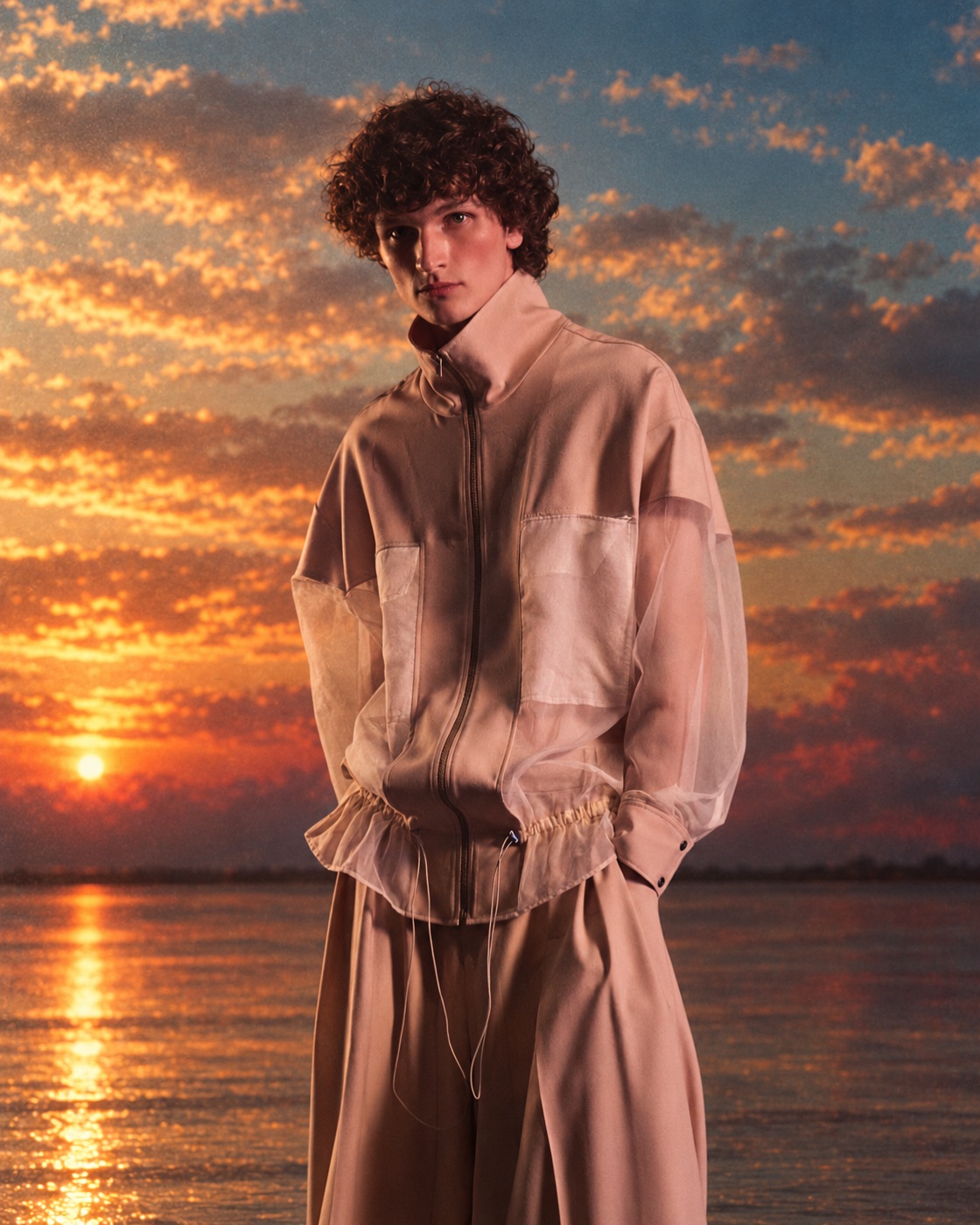 Origin campaign, beige jacket against sunset sky