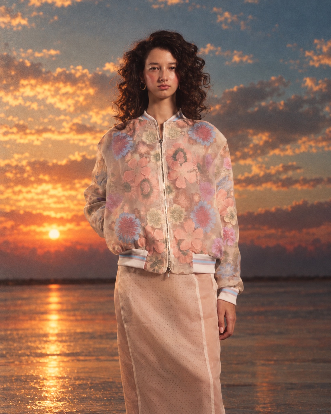 Origin campaign, floral bomber jacket against sunset sky