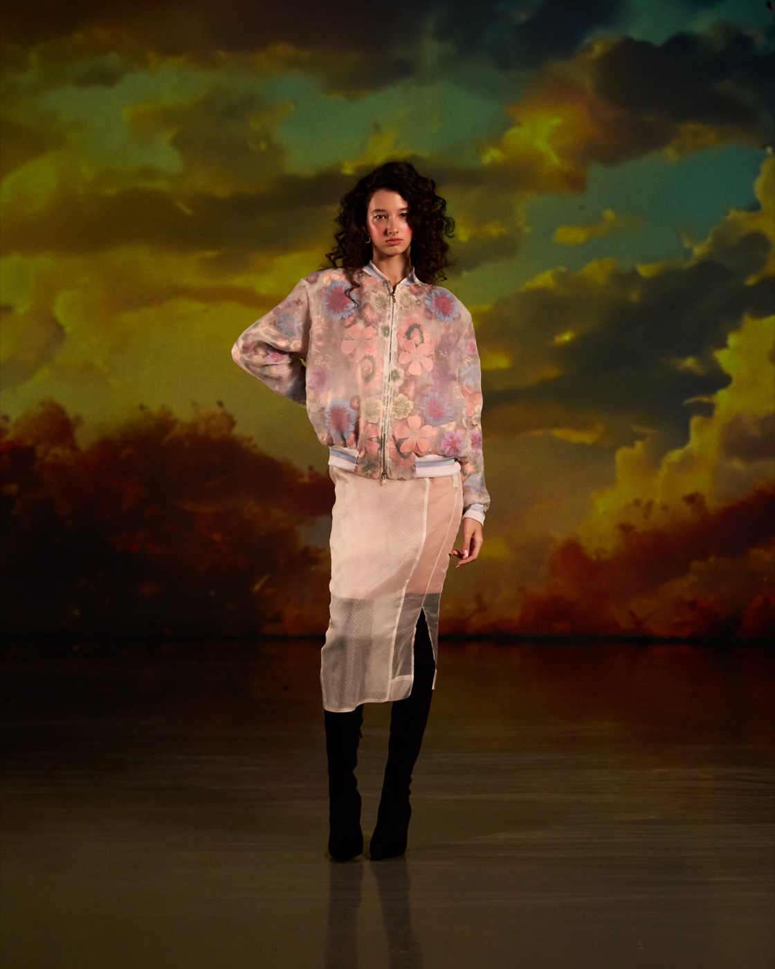 Origin campaign, sheer floral jacket and skirt against sunset sky