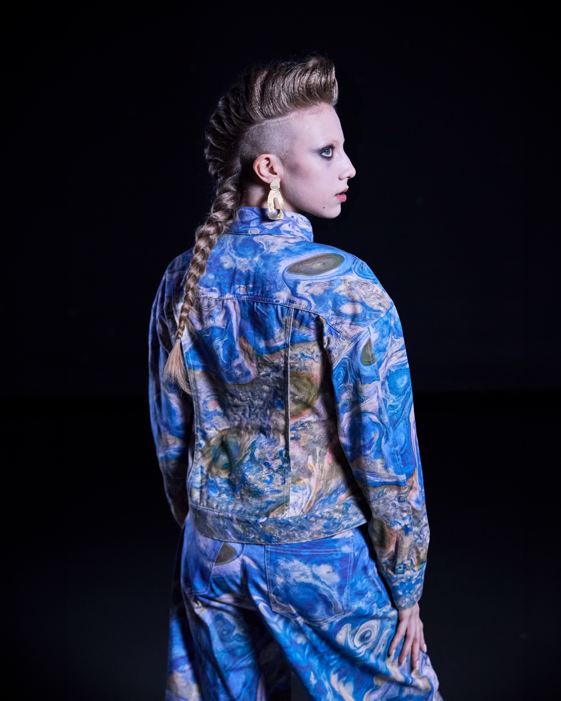 Origin campaign, blue paisley jacket, back view