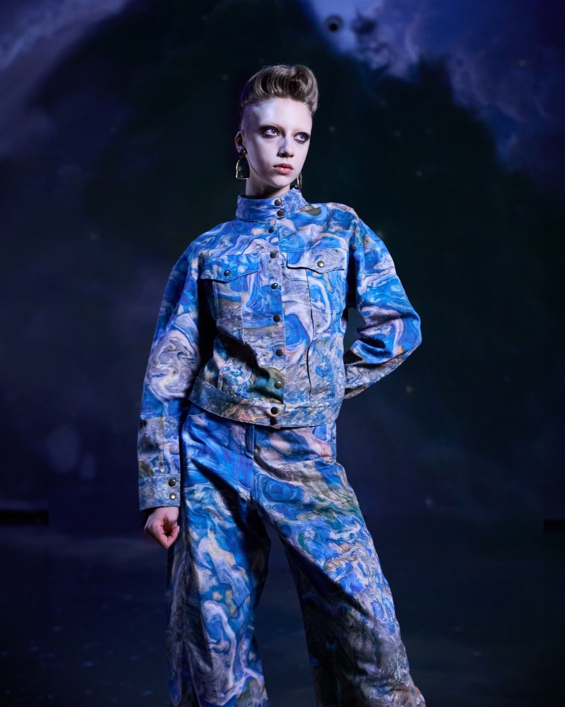 Origin campaign, blue paisley jacket and trousers