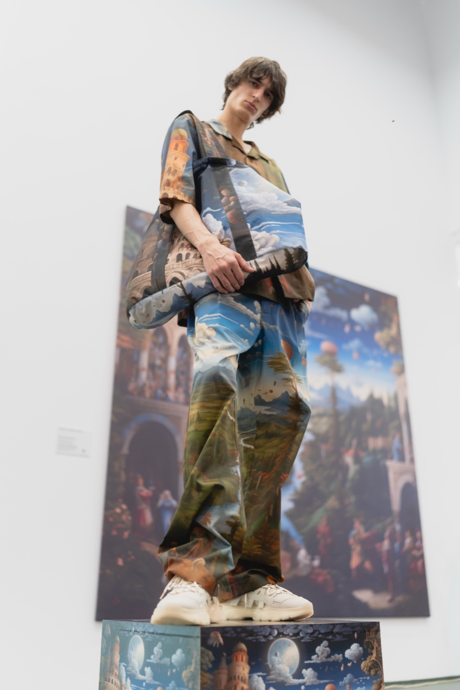 Window to a New World campaign, model on plinth with Renaissance painting