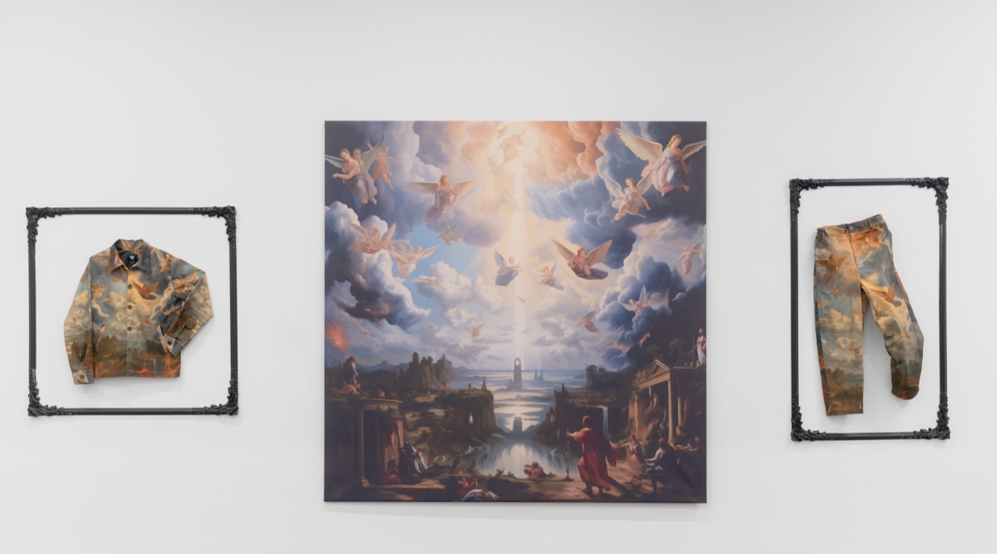 Window to a New World exhibition, framed garments beside Renaissance painting