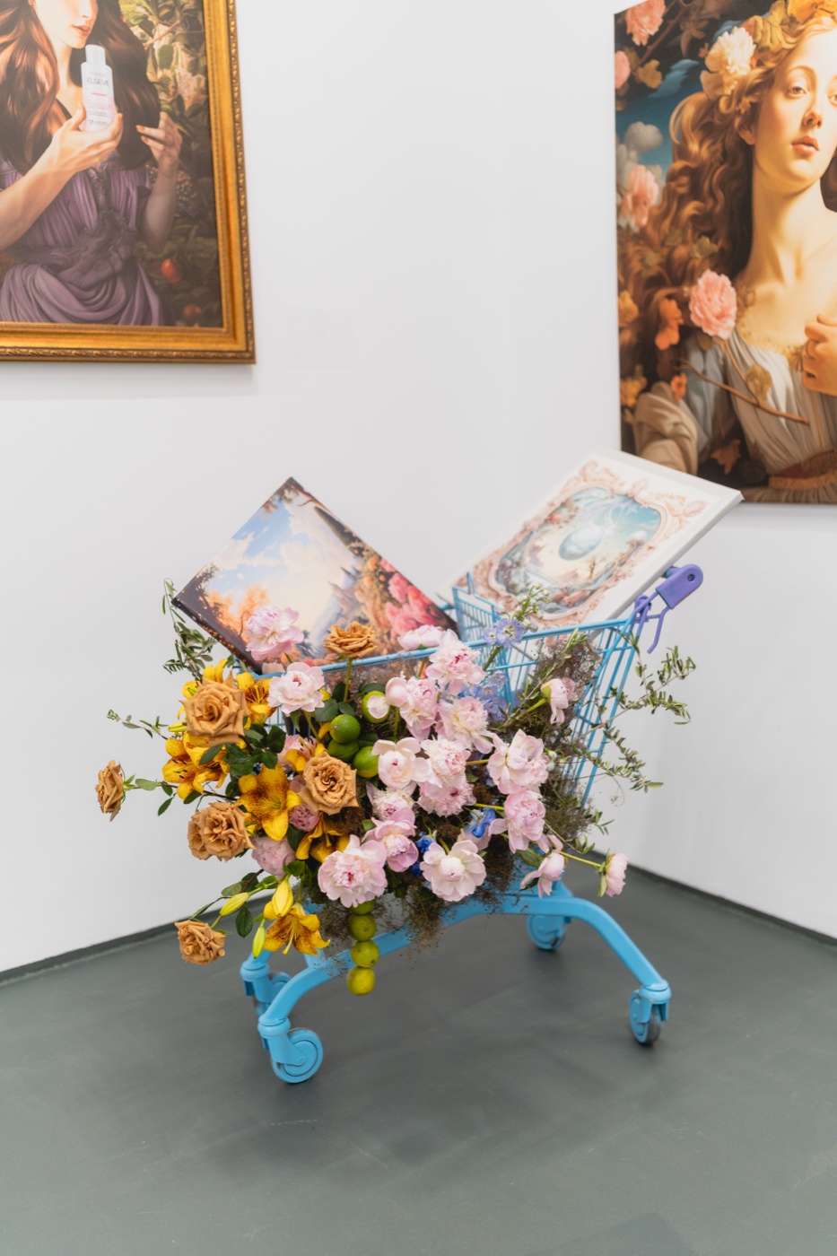 Window to a New World exhibition, floral shopping-cart installation