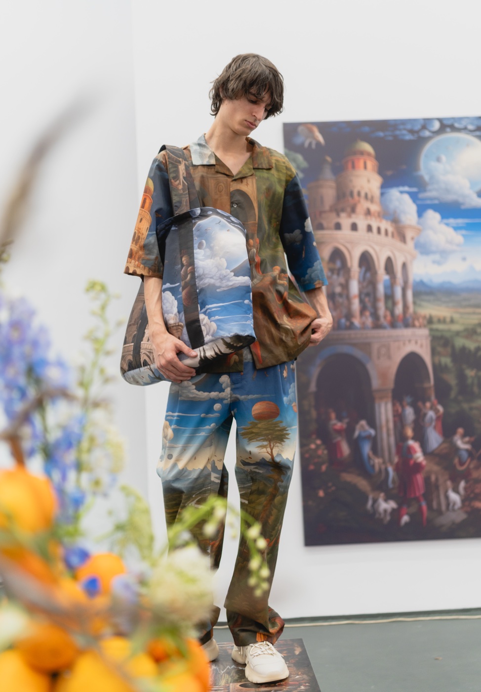 Window to a New World campaign, model with tote bag among paintings